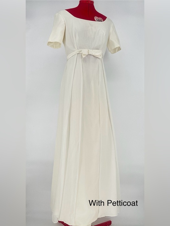 Vintage Dresses & Skirts - 1960s Empire Waist Classic Short Sleeve Wedding Dress W/ Bow Waist & Petticoat